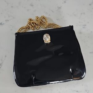 Black Patent Shoulder Bag By RUTH E STALTZ With Cougar Head Emblem..Vintage Bag